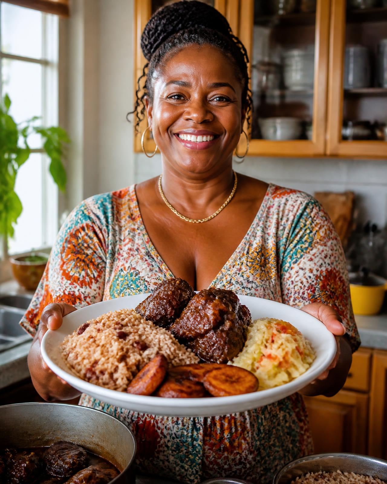 Black Caribbean home cook proudly presenting her freshly prepared Sunday dinner